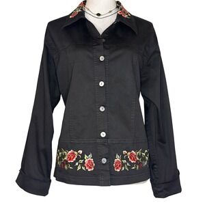 Black Embroidered Long Sleeve‎ Cotton Twill Womens Shacket Topper M Y2K Western